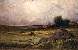 landscape with rock in foreground and roof with steeple, lake in background by Edward Mitchell Bannister
